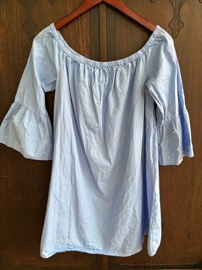 Light Blue Off-Shoulder Pearl Bell Sleeve Dress Sz M